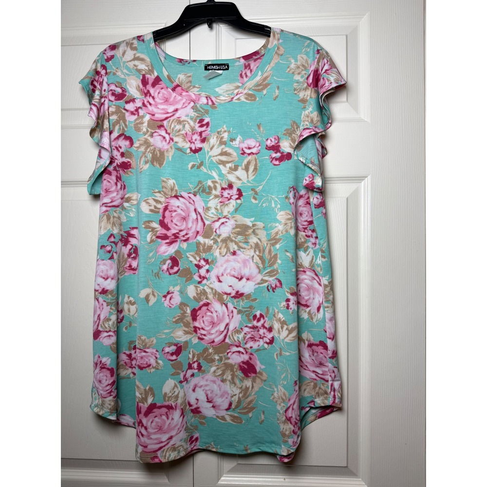 Heimish USA Floral Flutter Sleeve Top XL Teal Pink Rose Print Blouse